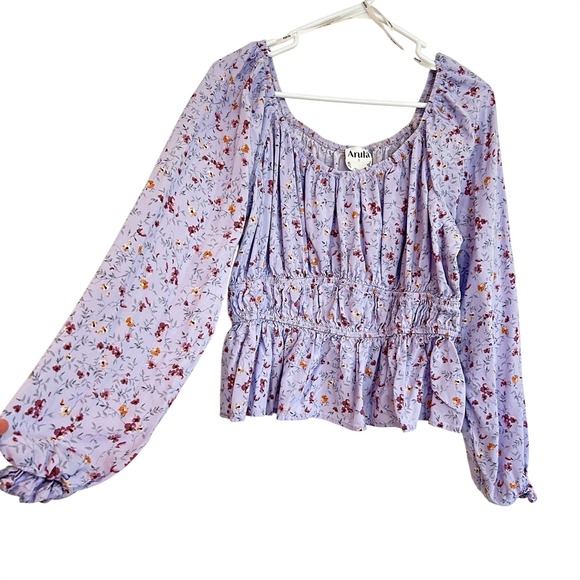 ARULA Tops - Arula Floral Purple Blouse Sz S Peasant Milkmaid Balloon Sleeve Cottagecore
